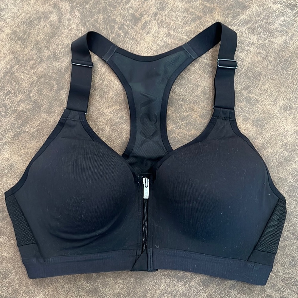 Black VSX front zip sports bra with adjustable straps